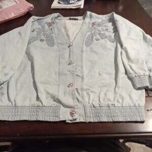 Laurante Italy Women's Vintage Denim Jacket Embroidered Beads 2X Cottage Boho